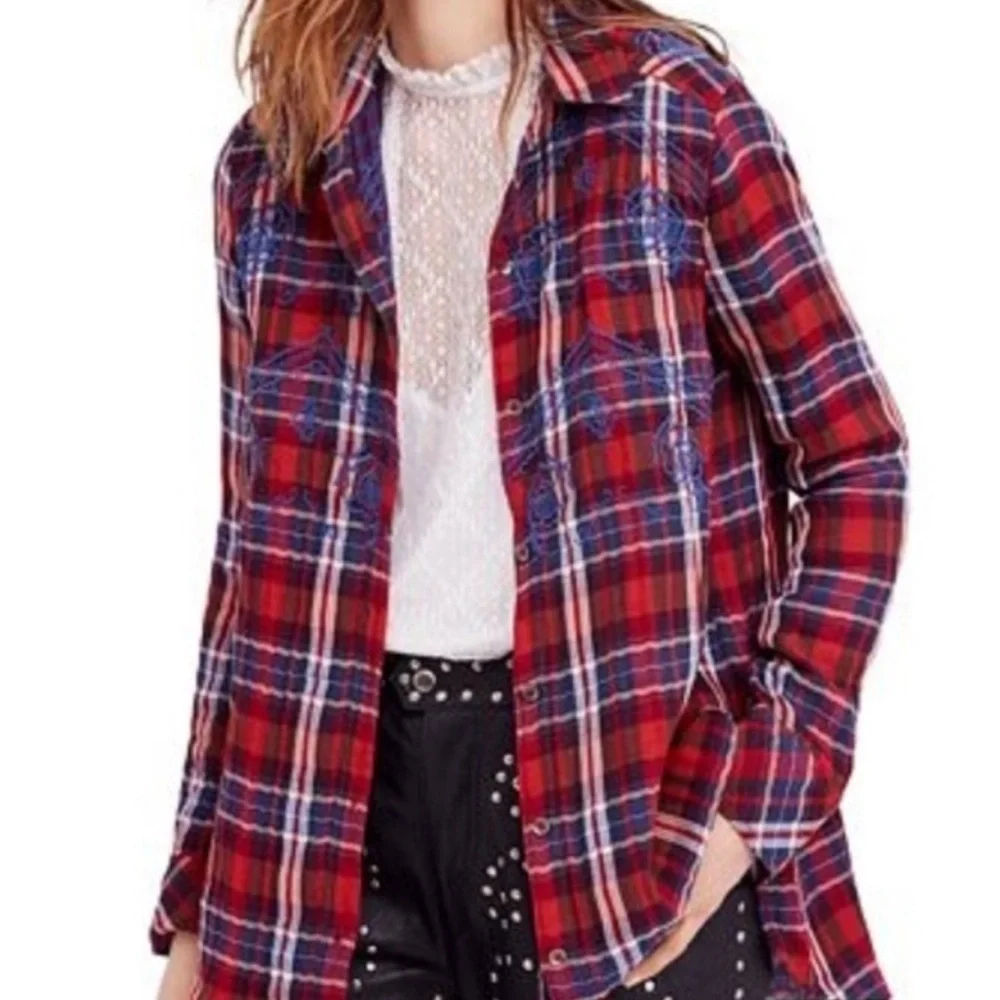 Free People Womens Magical Plaid Button Up Shirt, Red, Small